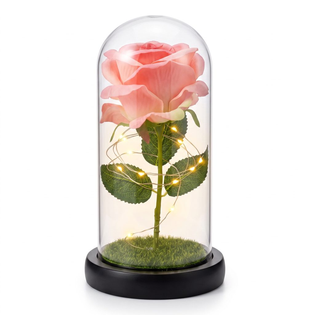 Cúpula de Rosa Eterna Rosada con Luz LED