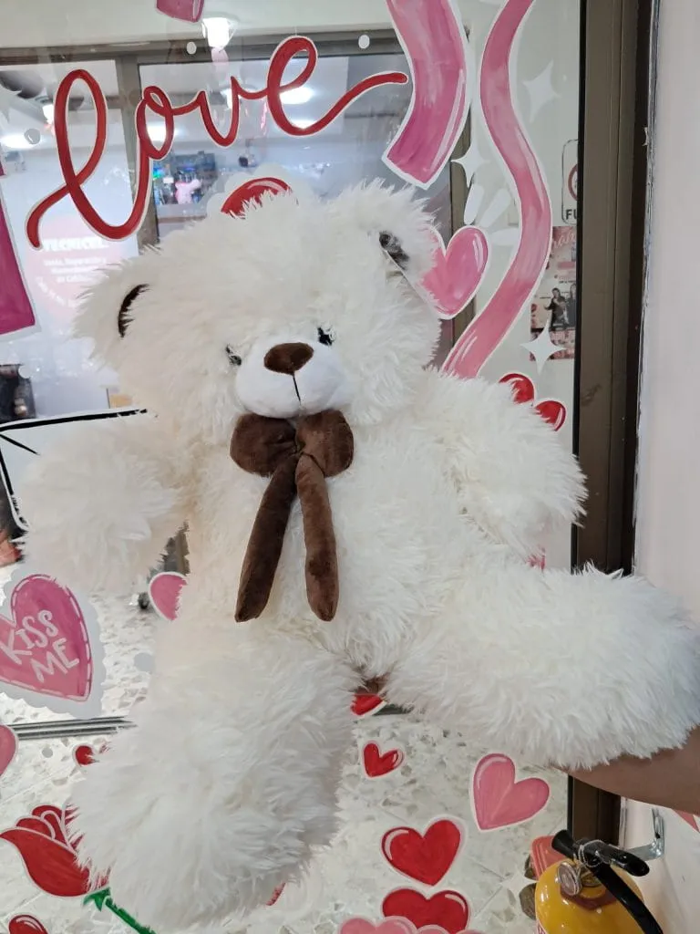 Oso de peluche blanco mediano con lazo marron exhibido en vitrina de tienda de regalos Valeland Barbosa