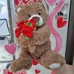 Oso de peluche marron con textura esponjosa sosteniendo ramillete de rosas rojas en vitrina de tienda Valeland Barbosa