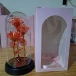 Cúpula con rosas cristalizadas rojas junto a su caja de regalo rígida con empaque protector seguro