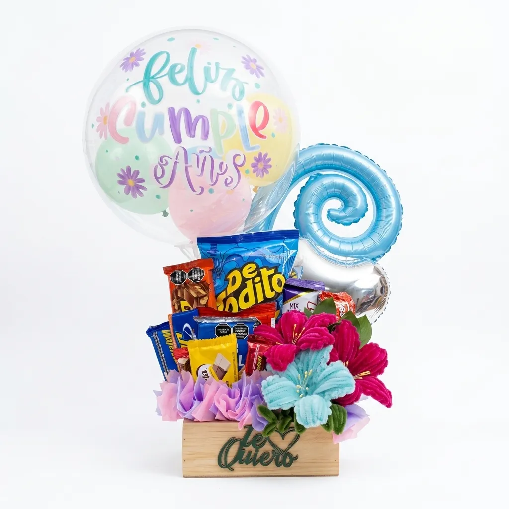 Ancheta de cumpleaños en caja de madera con flores artesanales en chenille, globo burbuja transparente, espiral azul y variedad de dulces sobre fondo blanco