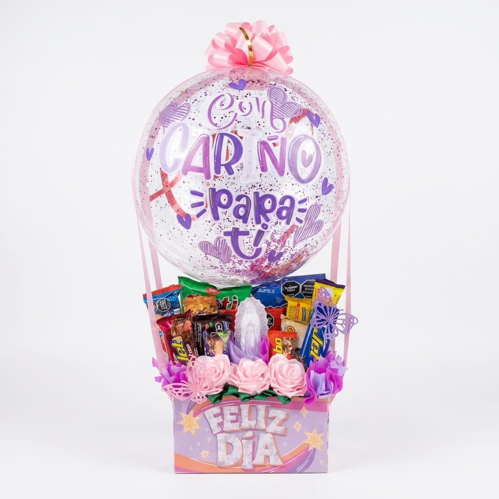Ancheta Globo Aerostático Con Cariño Para Ti - Catalogo Fondo Blanco Ancheta estilo globo aerostático con globo burbuja escarchado Con Cariño Para Ti, rosas rosadas, chocolates Jet y variedad de dulces sobre fondo blanco