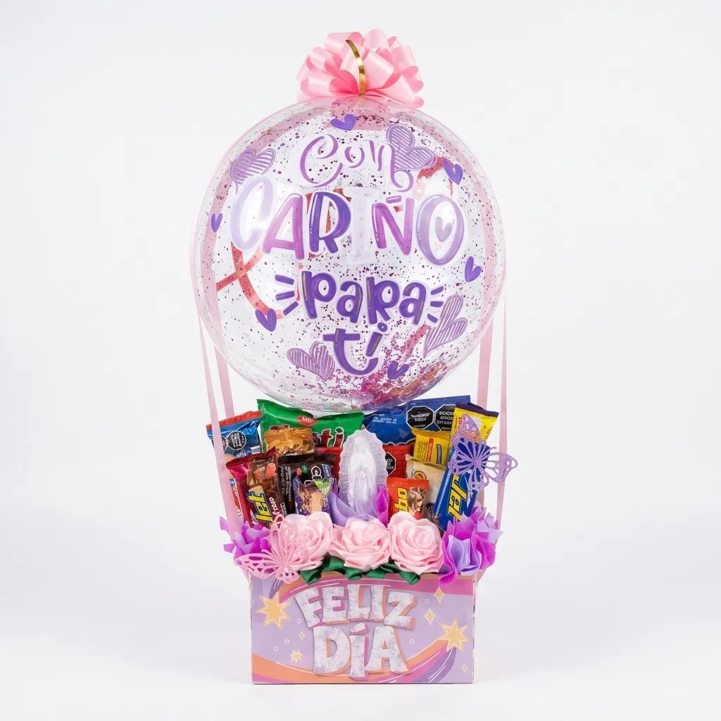 Ancheta estilo globo aerostático con globo burbuja escarchado Con Cariño Para Ti, rosas rosadas, chocolates Jet y variedad de dulces sobre fondo blanco
