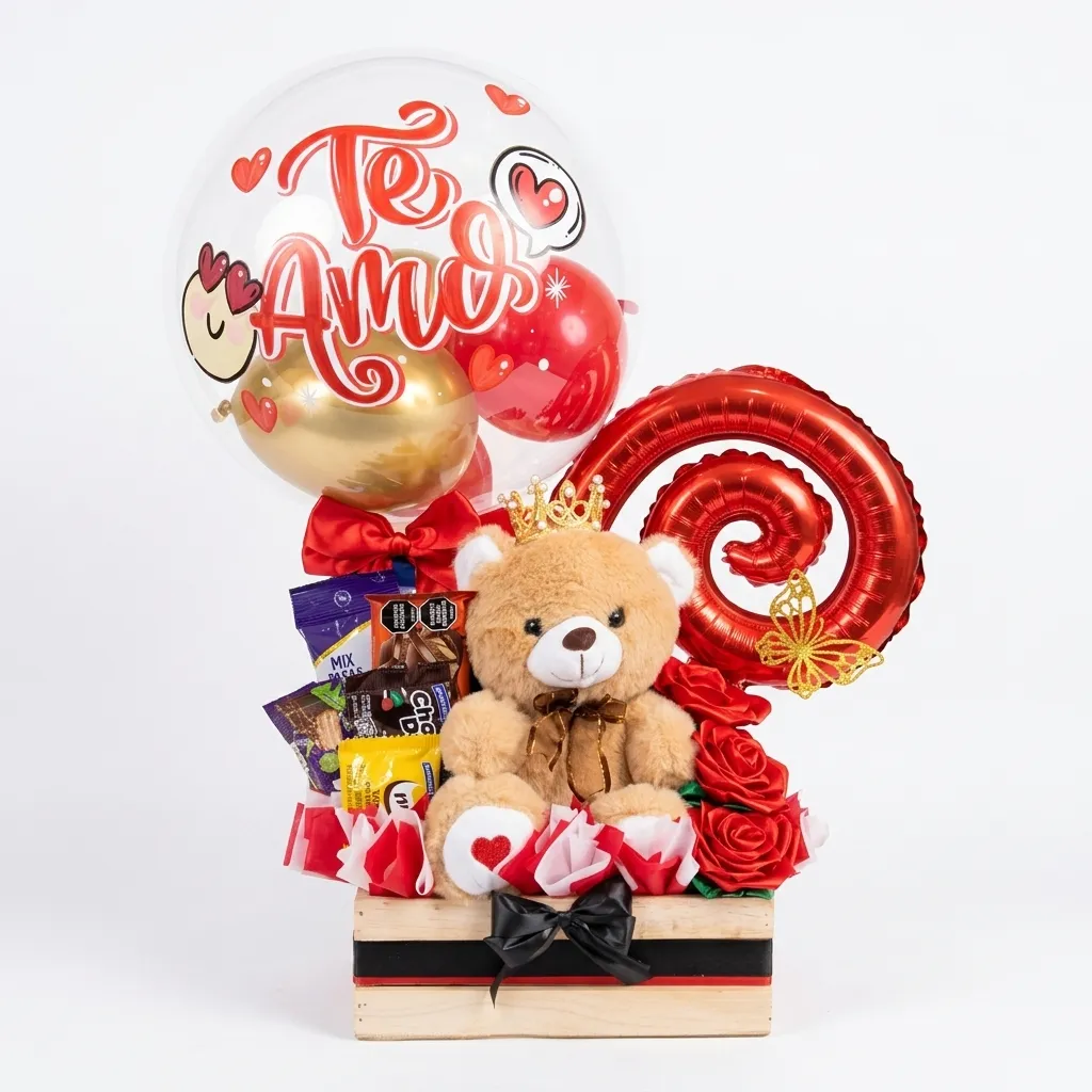 Ancheta romántica en caja de madera con peluche de oso coronado, rosas rojas en satín, chocolates y globo burbuja Te Amo sobre fondo blanco