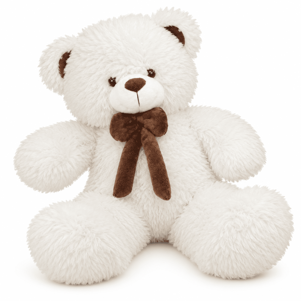 Oso de Peluche Blanco con Mono Cafe - Catalogo Fondo Blanco Oso de peluche blanco de textura suave y esponjosa con moño de tela marron en el cuello sobre fondo blanco