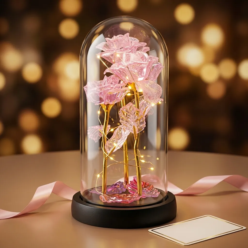 Cúpula con trío de rosas cristalizadas rosadas encendida con micro luces LED en ambiente romántico cálido