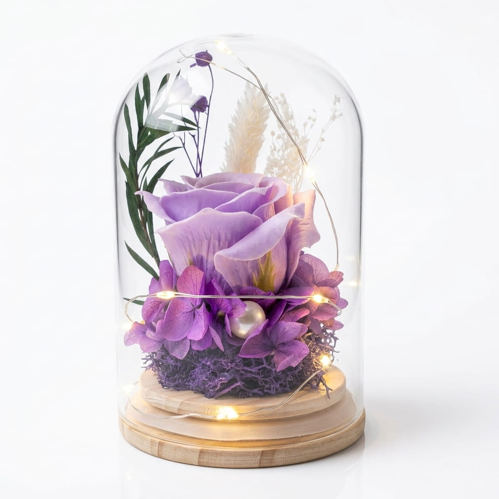 Cúpula de Rosa Eterna con Hortensias Violeta - LED Fondo Blanco Cúpula de vidrio con rosa eterna violeta lila, hortensias preservadas y luz LED cálida sobre base de madera
