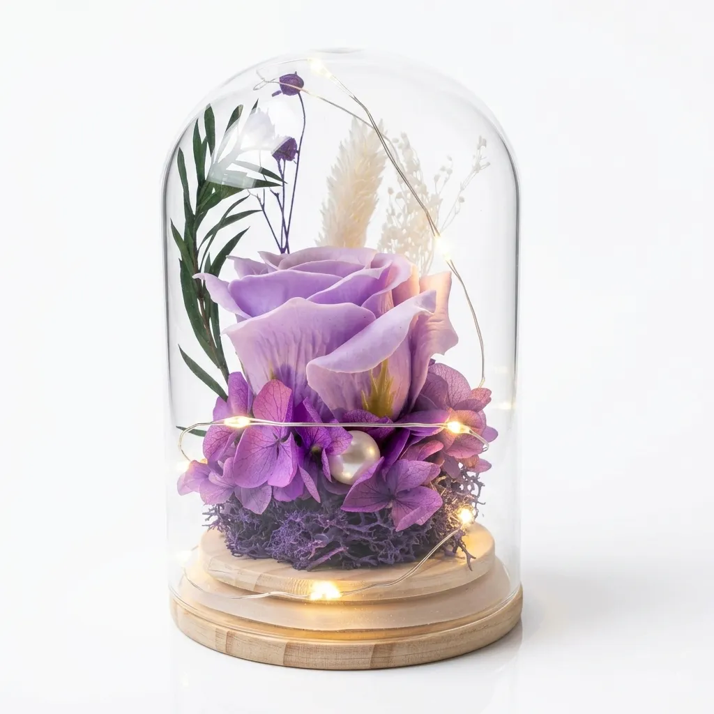 Cúpula de vidrio con rosa eterna violeta lila, hortensias preservadas y luz LED cálida sobre base de madera