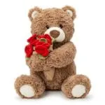 Oso de peluche con ramillete de rosas rojas de tela en felpa suave sobre fondo blanco catalogo Valeland