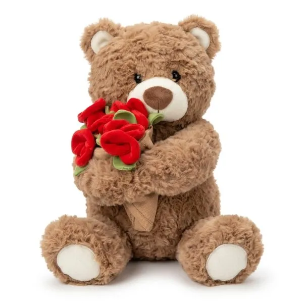 Oso de peluche con ramillete de rosas rojas de tela en felpa suave sobre fondo blanco catalogo Valeland
