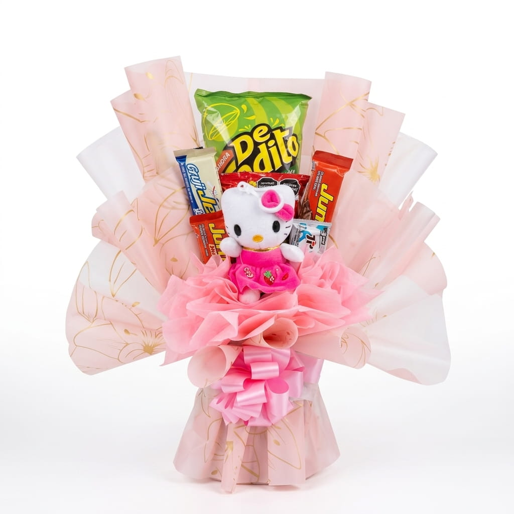 Ramo Ancheta Hello Kitty con Dulces - Fondo Blanco Catalogo Ramo ancheta estilo bouquet con peluche de Hello Kitty en vestido fucsia, chocolates, pasabocas y envoltura rosada sobre fondo blanco