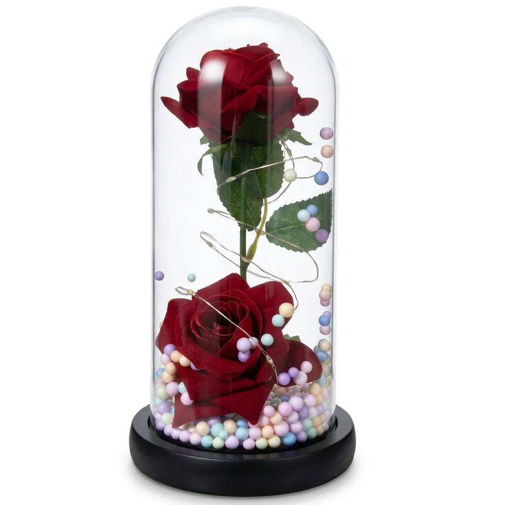 Cúpula acrílica con dos rosas eternas rojas, luces micro LED y base con perlas pastel sobre fondo blanco catálogo Valeland