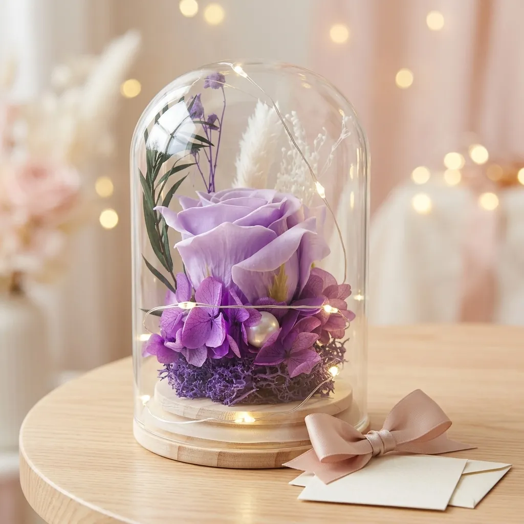 Cúpula de rosa eterna lila con luz LED cálida sobre mesa de madera junto a sobre y lazo de regalo